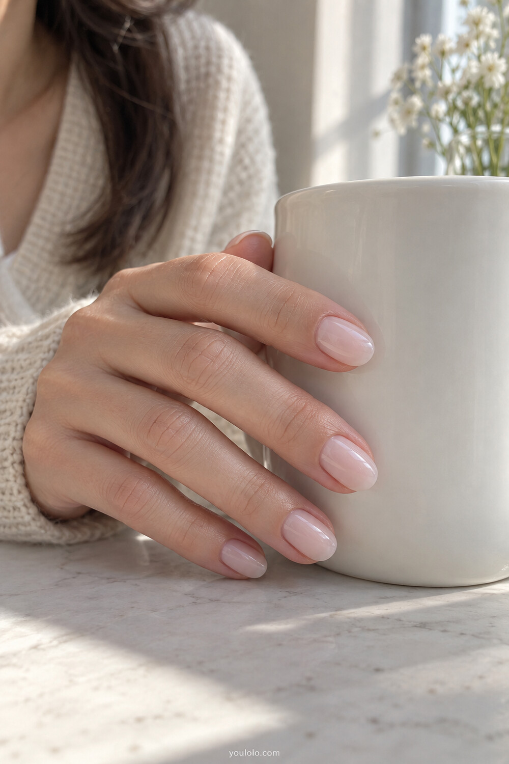 Milky lychee pink Korean jelly manicure with high glass shine