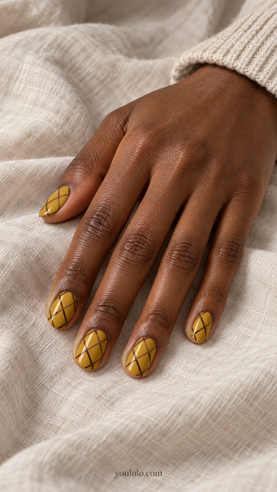 fall plaid nails — Mustard Diagonal Checks