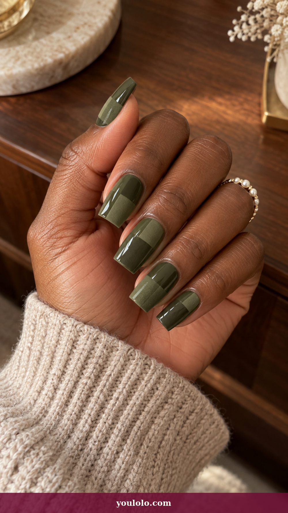 Long Square Nails idea 5: Olive Suede Blocks on a realistic feminine hand