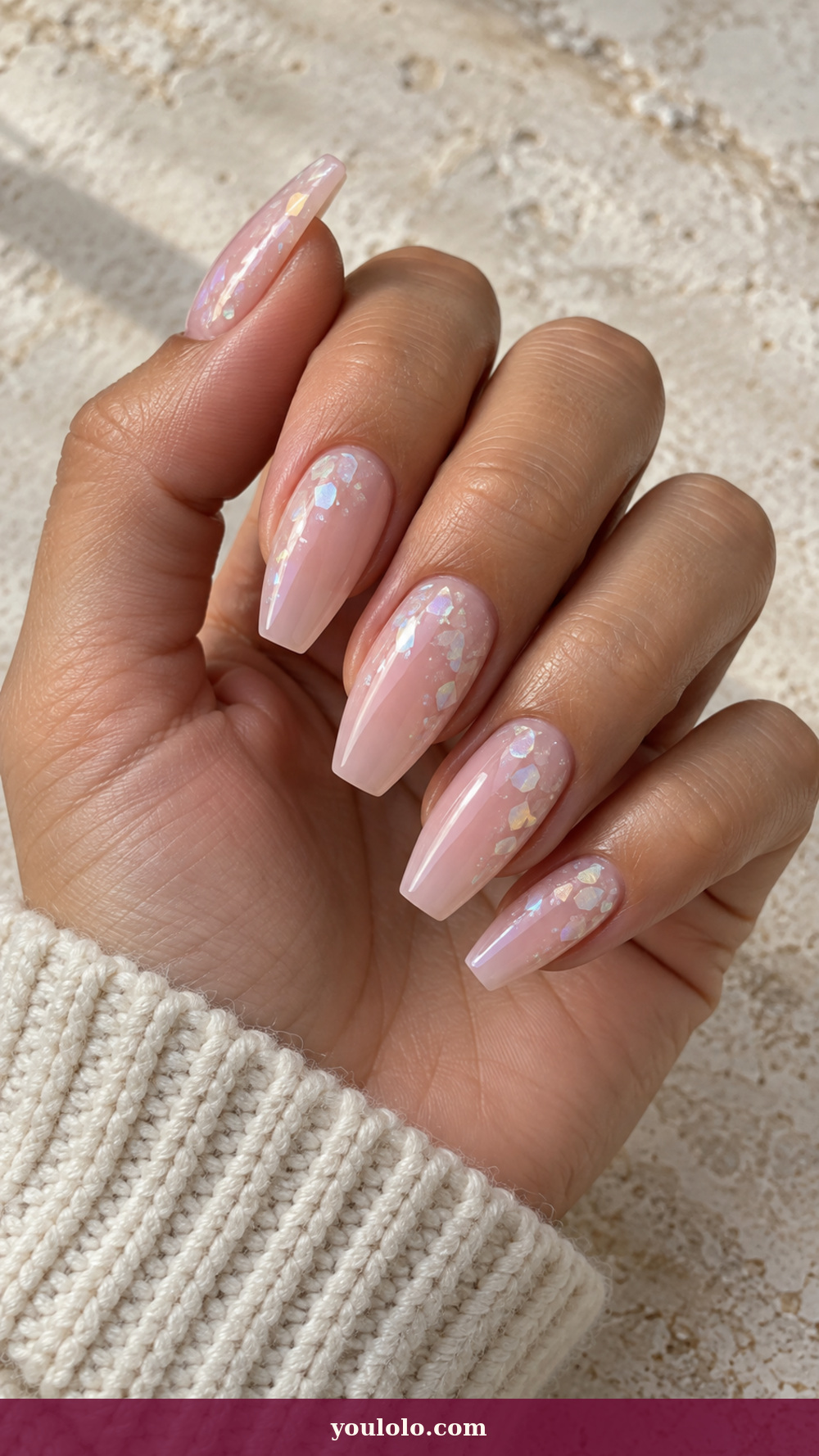 Douyin Nails idea 5: Opal Confetti Fade on a realistic feminine hand
