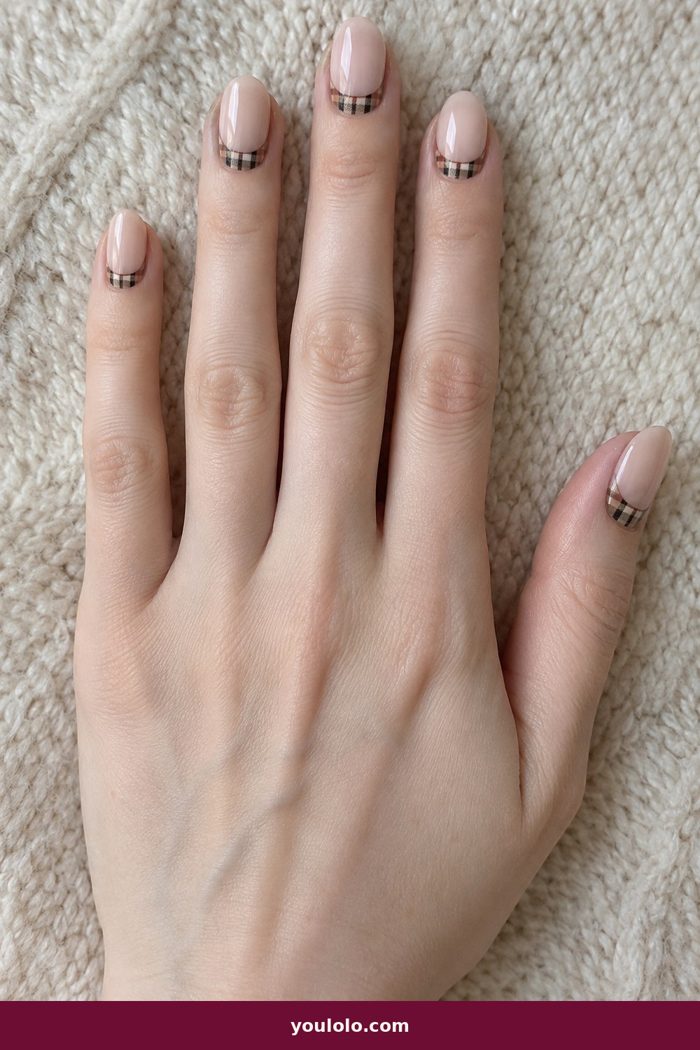 Burberry Nails idea 5: Plaid Half Moons