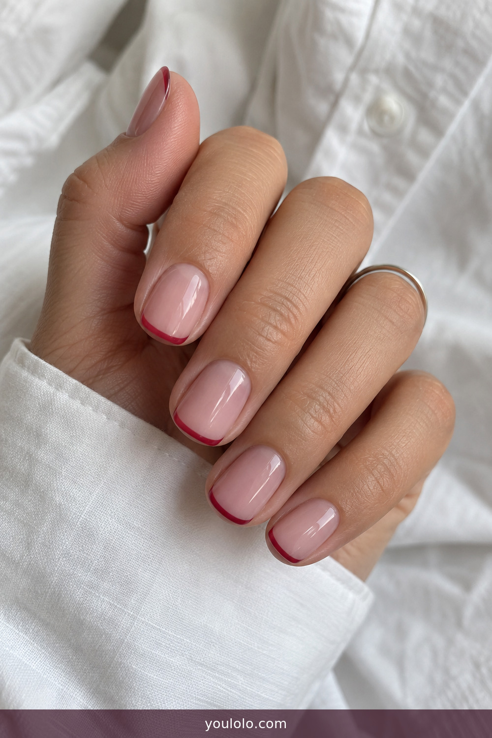 Short Raspberry Nails with fine micro French tips