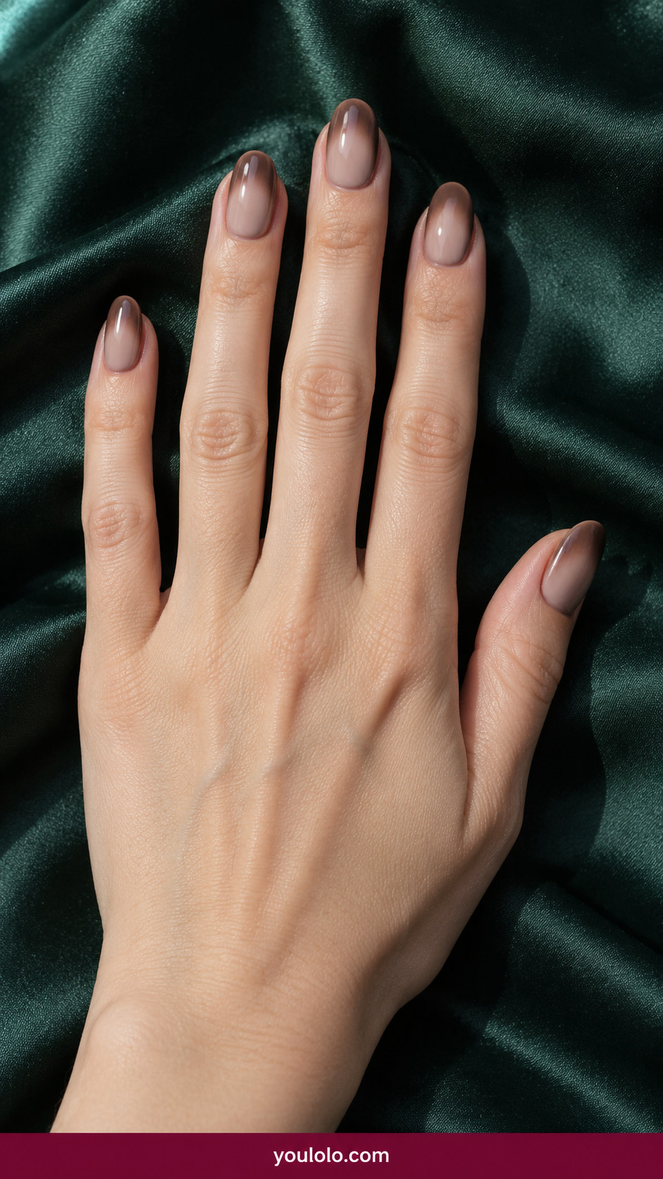 Aura Nails idea 5: taupe nude nails with mocha-brown soft halo on an anatomically realistic feminine hand