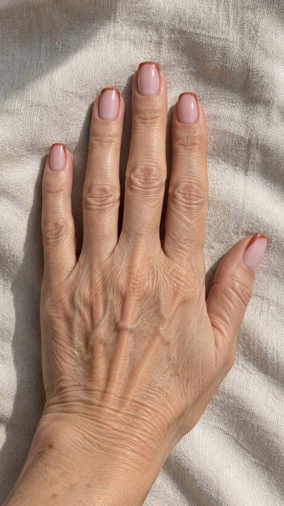 Italian Manicure idea 5: Terracotta Hairline manicure on a realistic feminine hand