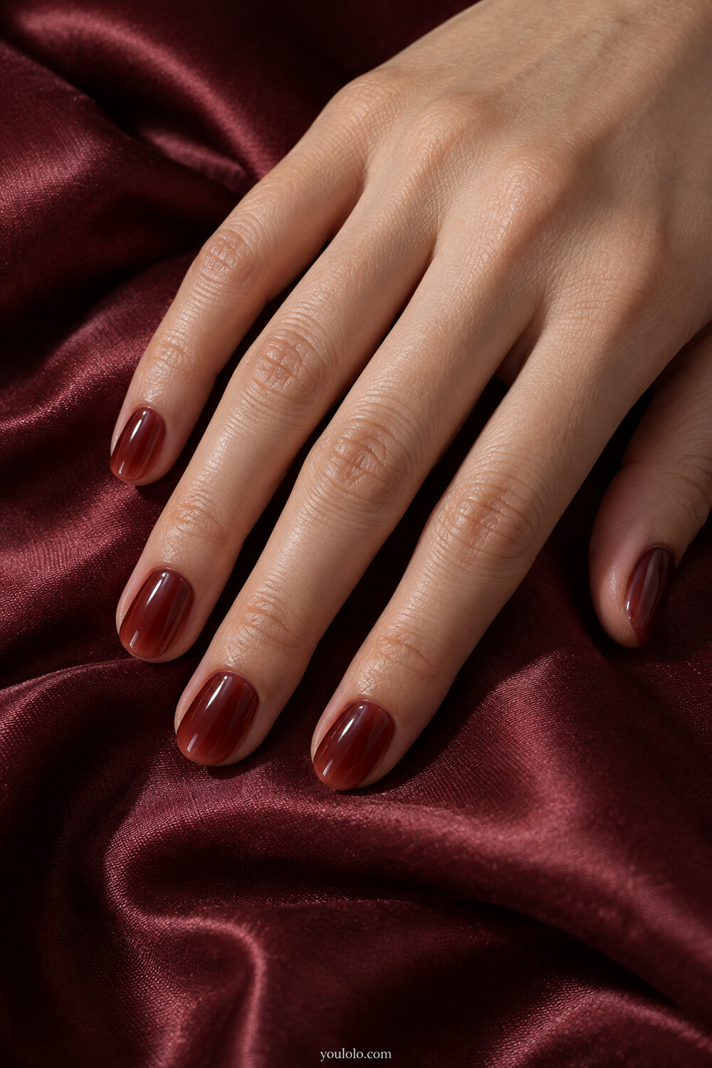 Deep cherry cola translucent jelly nails with glossy red brown depth