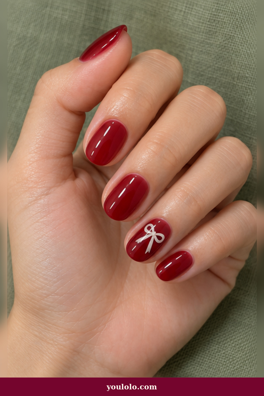 Cherry Jelly Ribbon Bow Christmas Nails Short idea