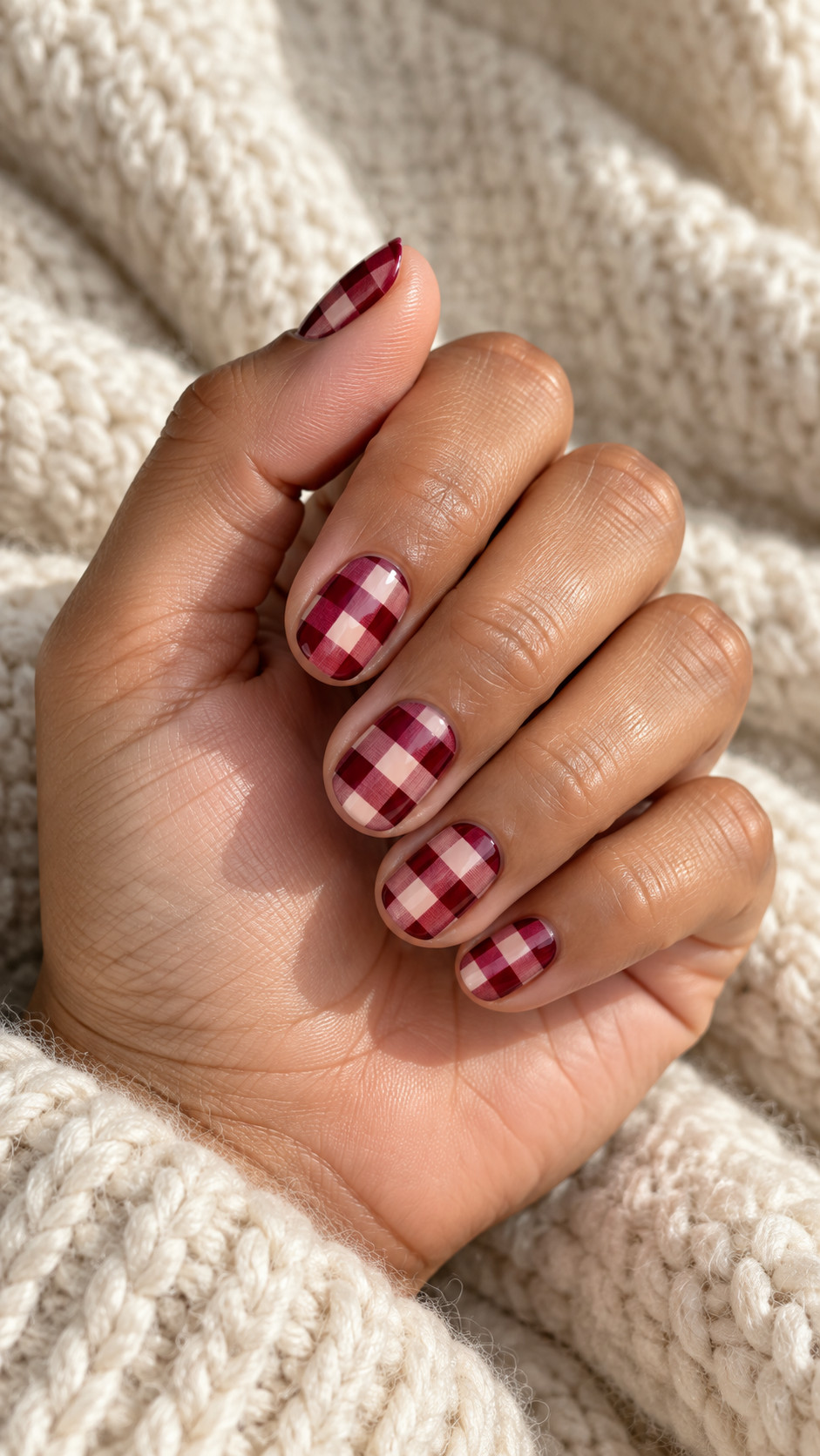 Plaid Nails idea 6: Cranberry Picnic Check manicure on a realistic feminine hand