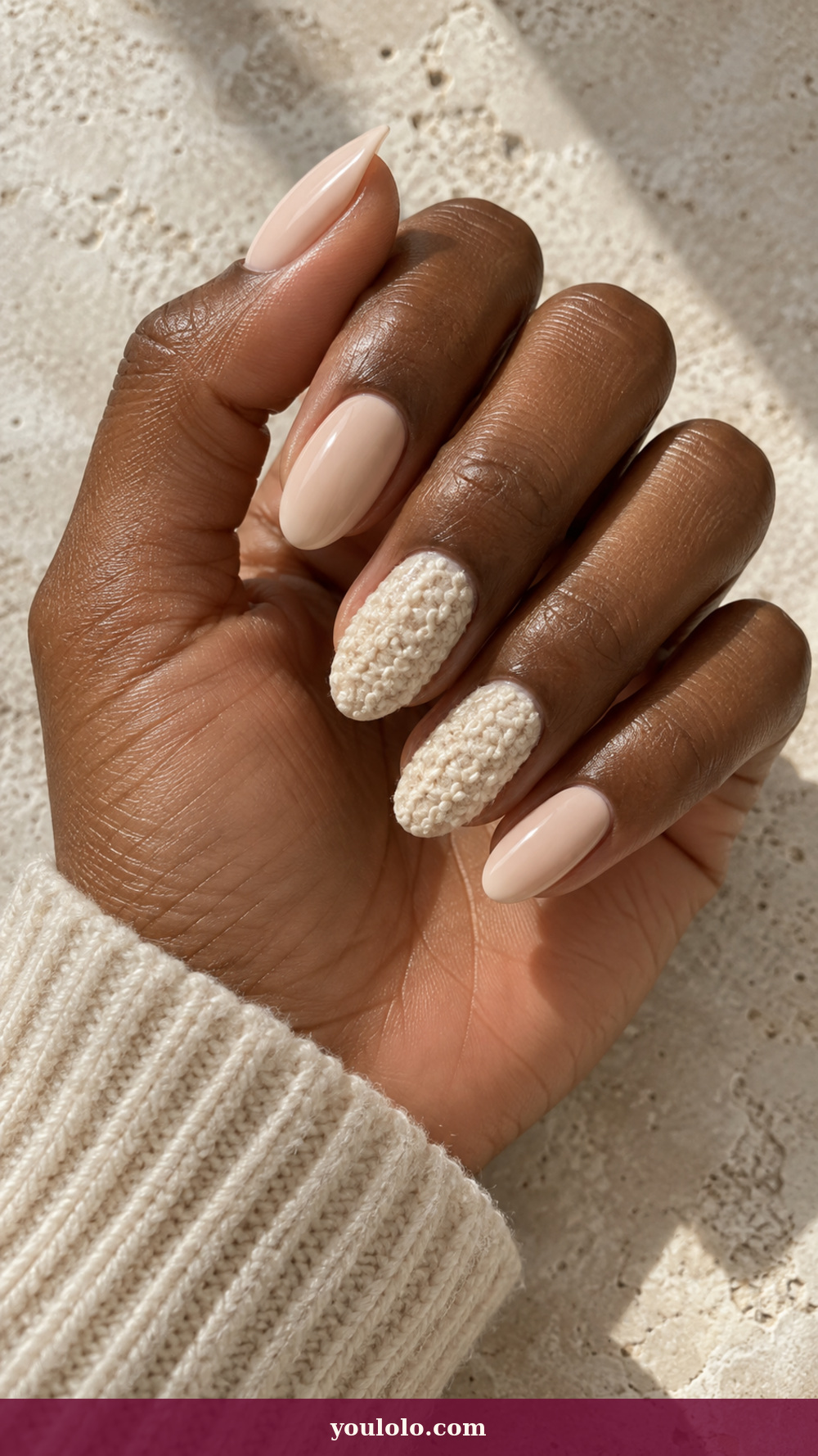 Acrylic Nails Ideas idea 6: Cream Bouclé Texture on a realistic feminine hand