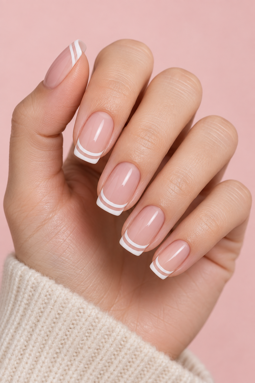 Double white line French tips on soft square nails