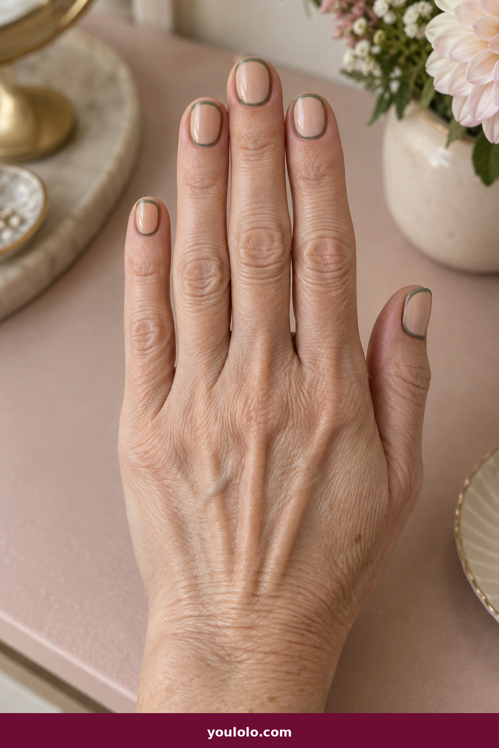 Short Nails Inspo idea 6: Green Outline, short nude nails with a fine moss-green perimeter outline