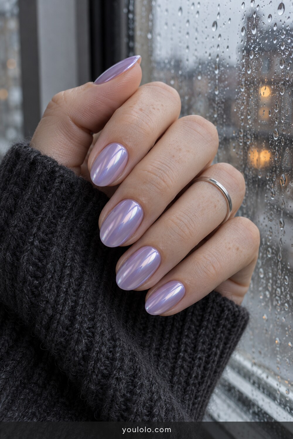 Translucent lavender glass chrome short almond nails