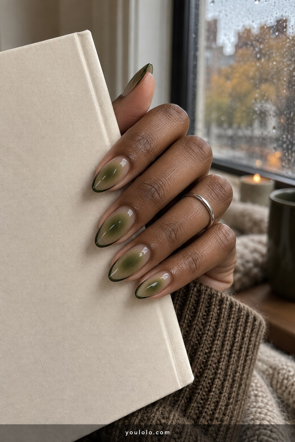 Olive and moss aura almond nails for fall