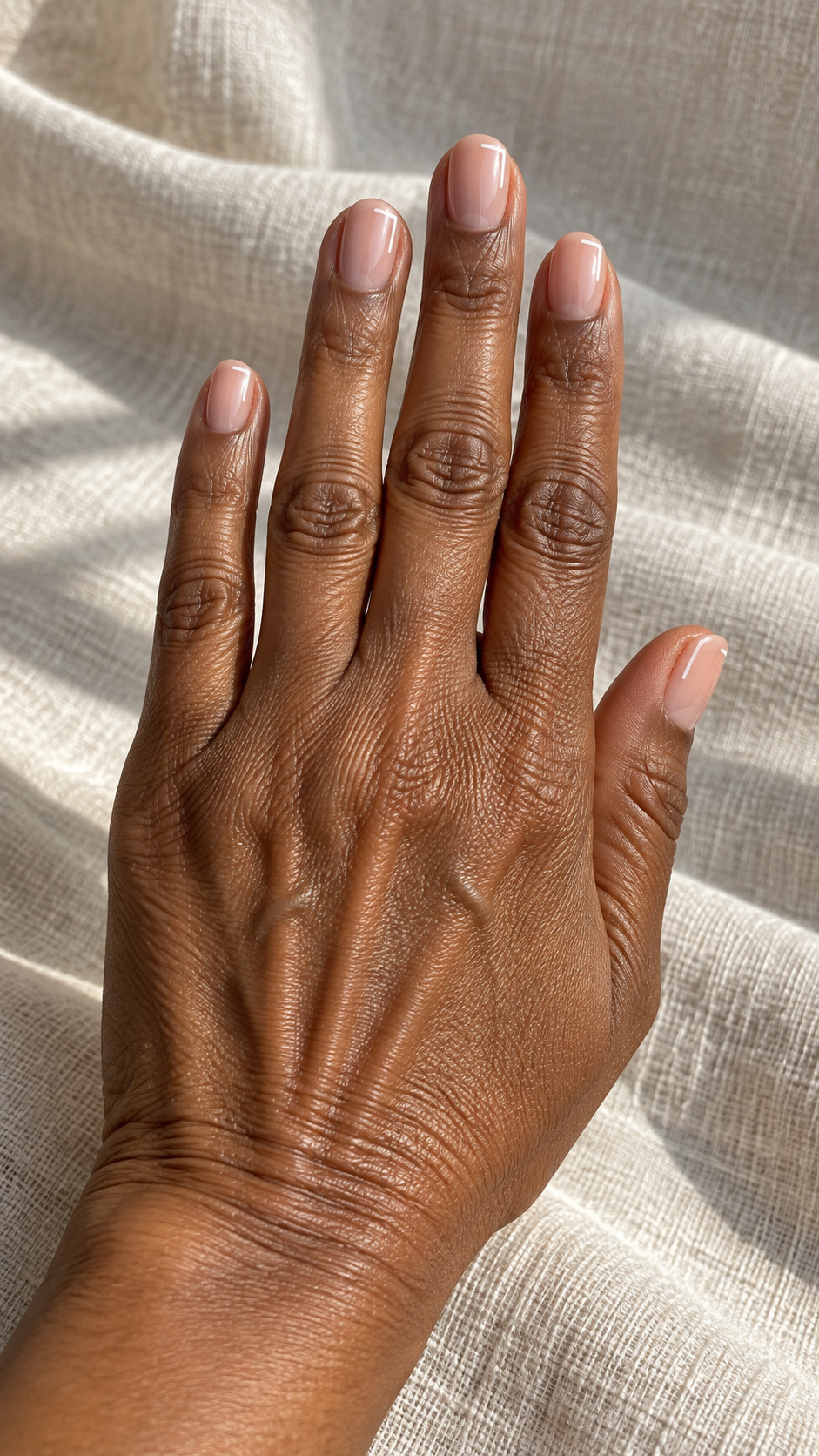 Italian Manicure idea 6: Peach and White Detail manicure on a realistic feminine hand