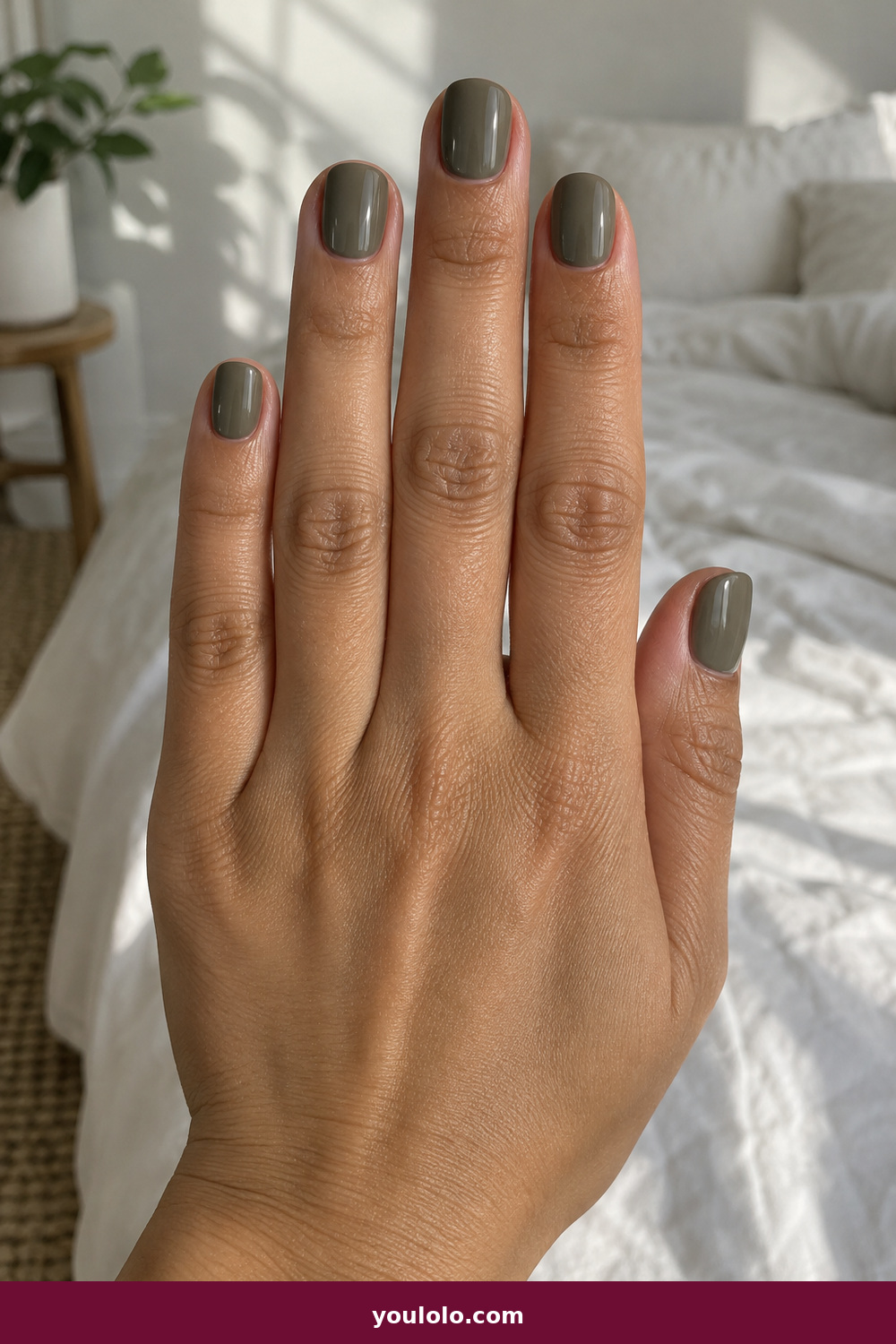 Work Nails idea 6: Quiet Olive, short squoval nails in a muted grey-olive cream polish