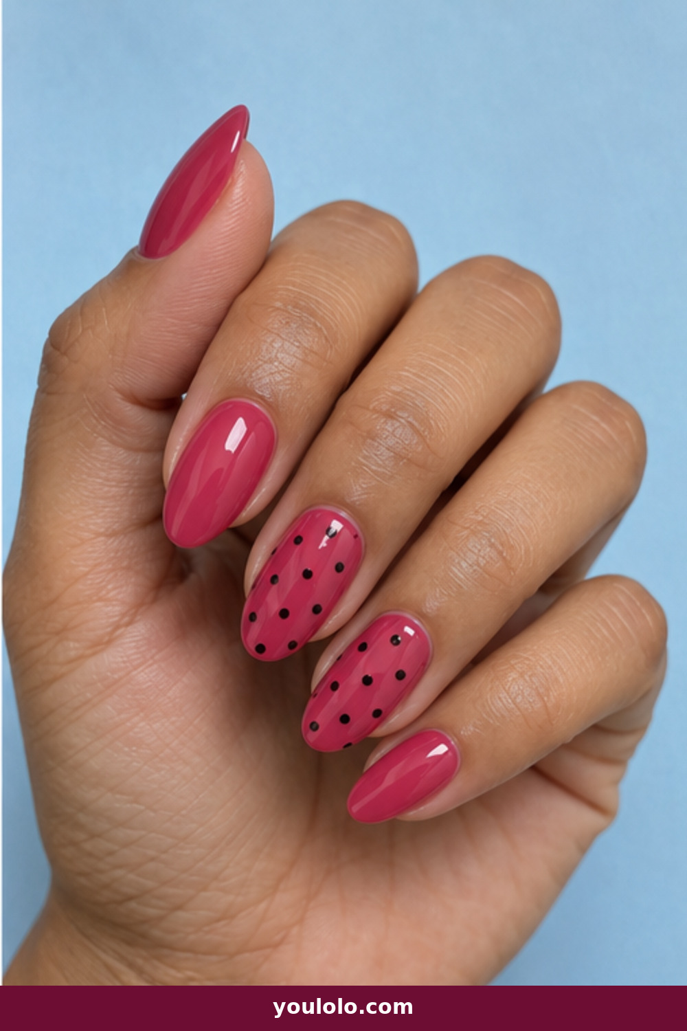 Pink Polka Dot Nails idea 6: Raspberry Jelly with Black Dots
