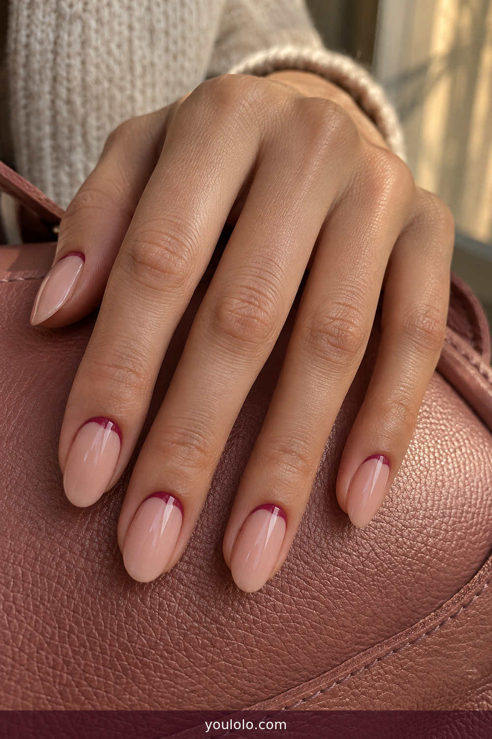 Raspberry reverse French half moons over blush polish