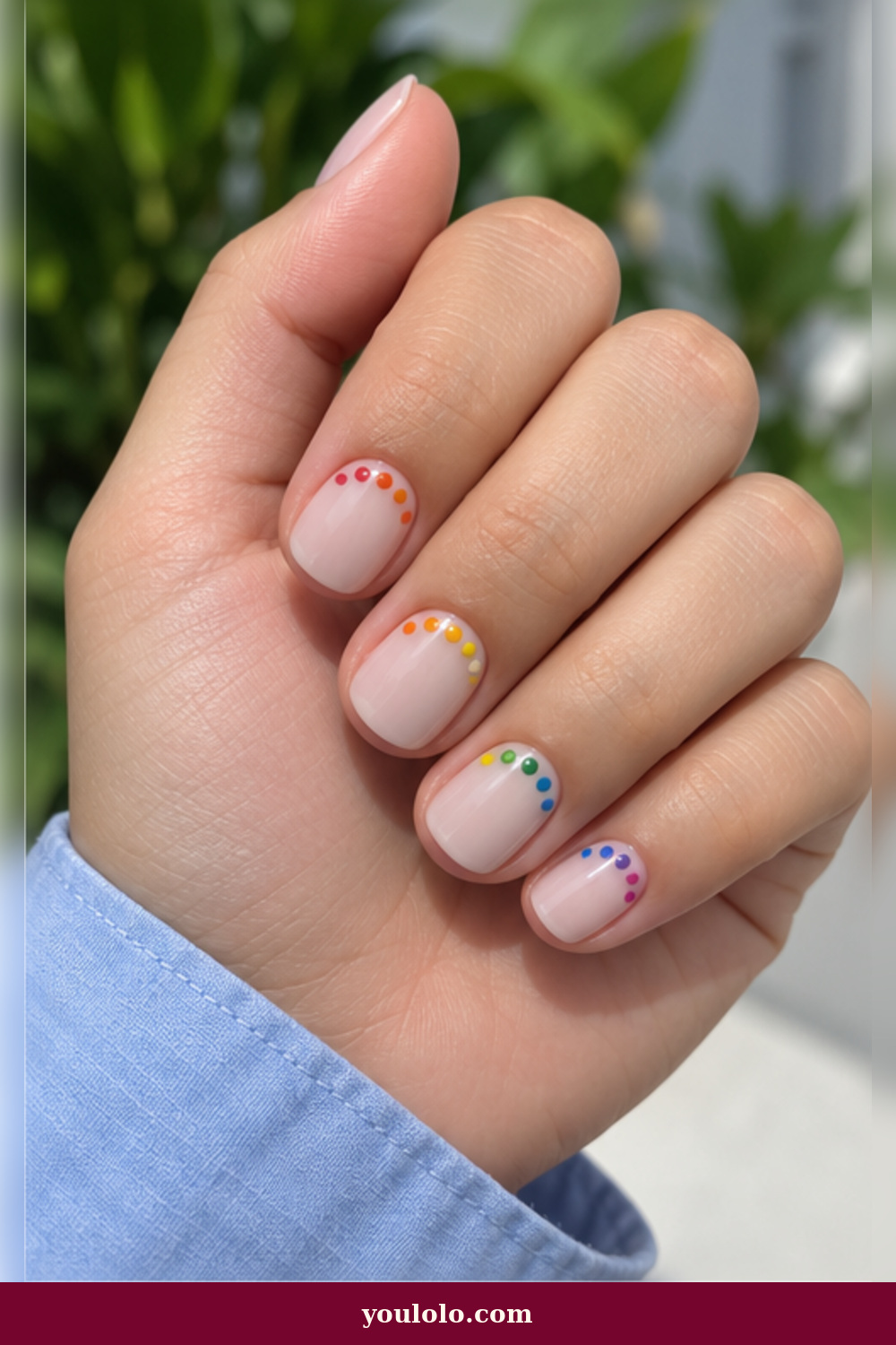Tiny Gem-Dot Cuticles Rainbow Nails idea