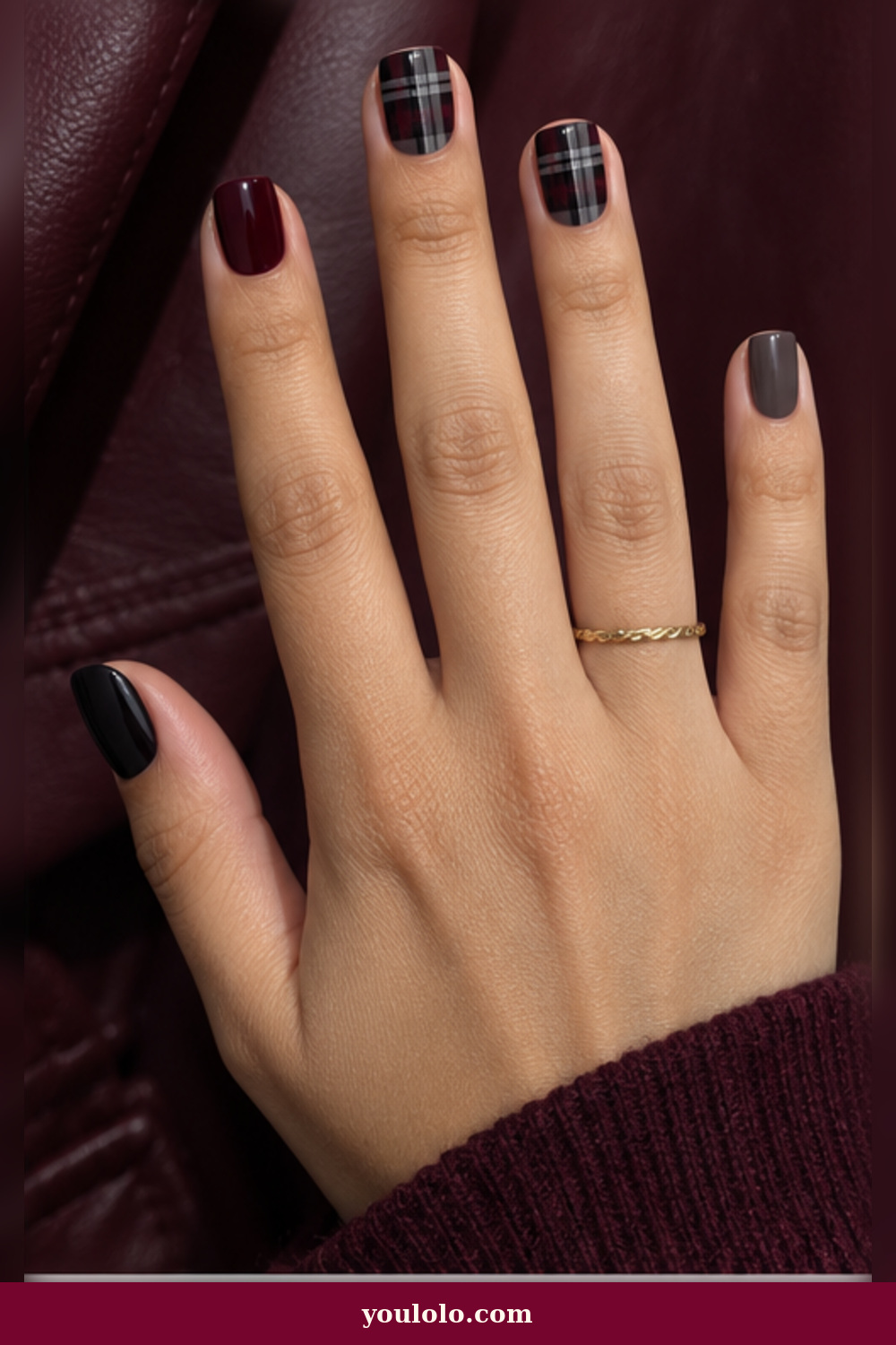 Emo Nails idea 6: short nails mixing black, wine, gray, and crisp plaid accents