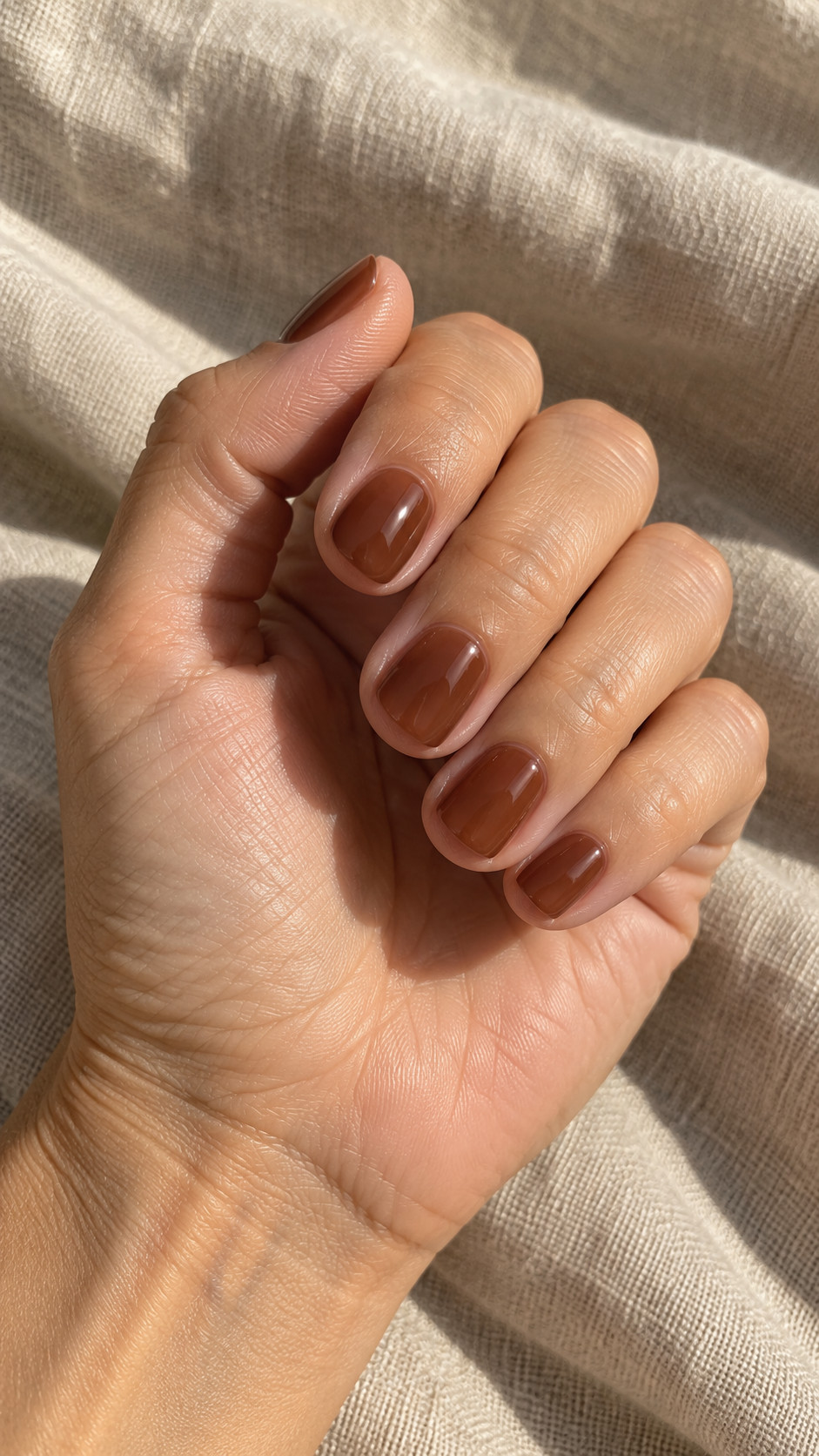 Chocolate Brown Nails idea 7: Cinnamon Jelly manicure on a realistic feminine hand