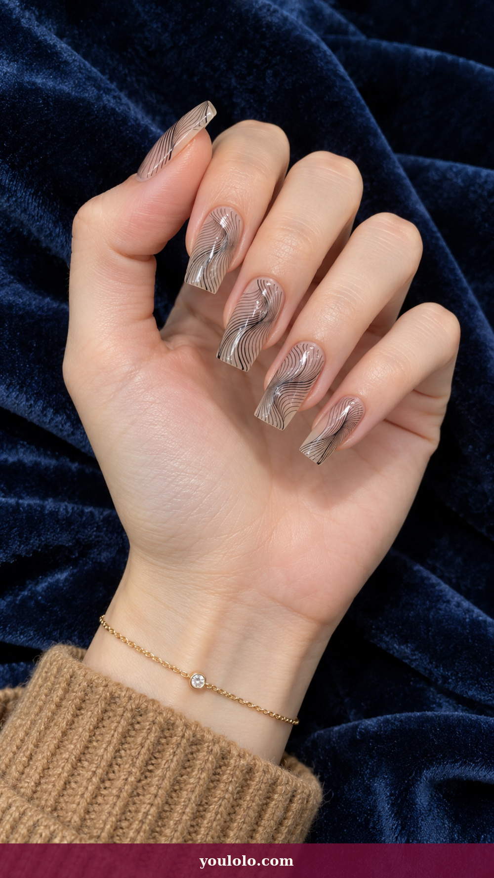 Long Square Nails idea 7: Clear Moiré Lines on a realistic feminine hand