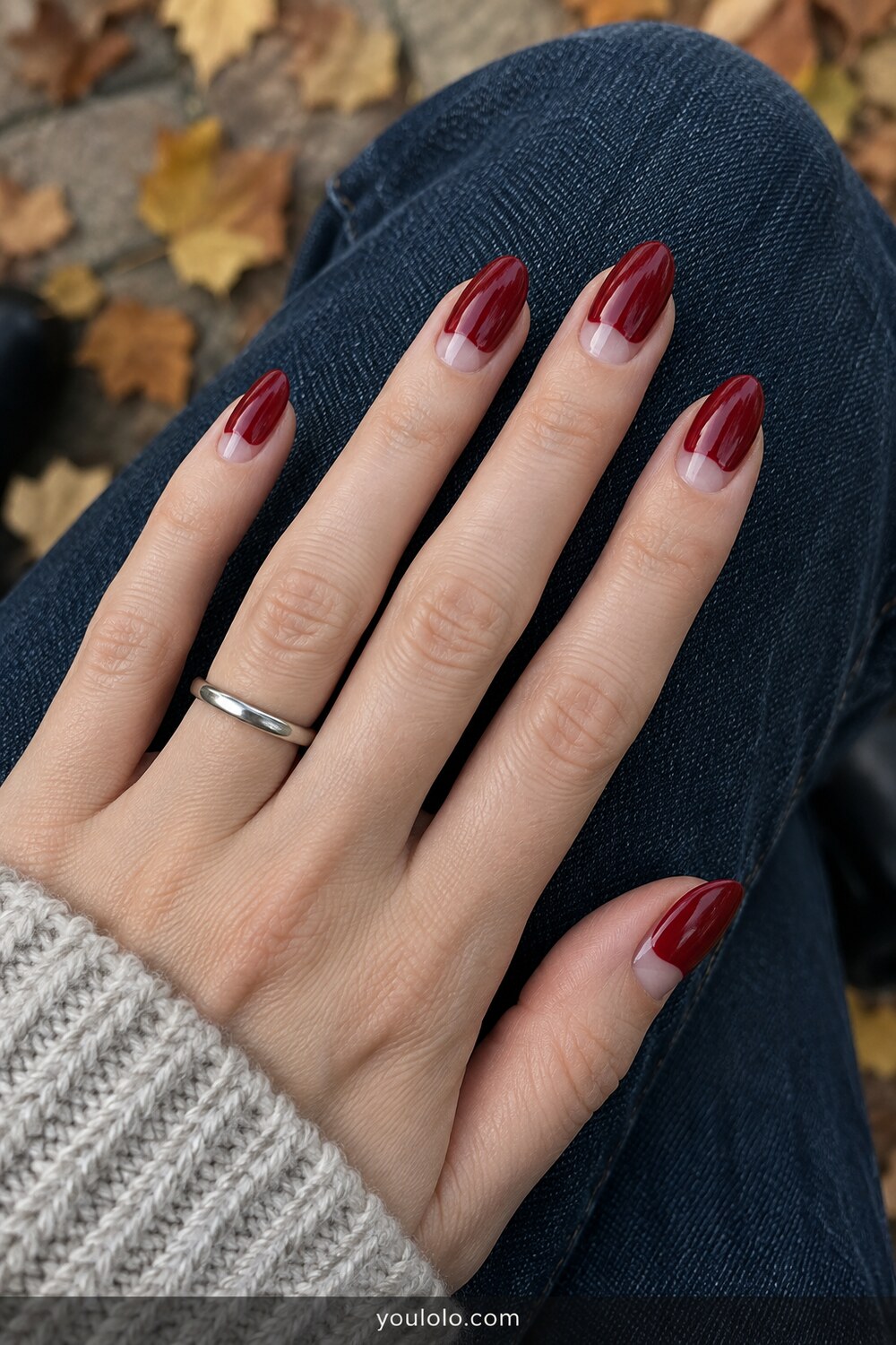 Cranberry Fall Almond Nails with natural half moons