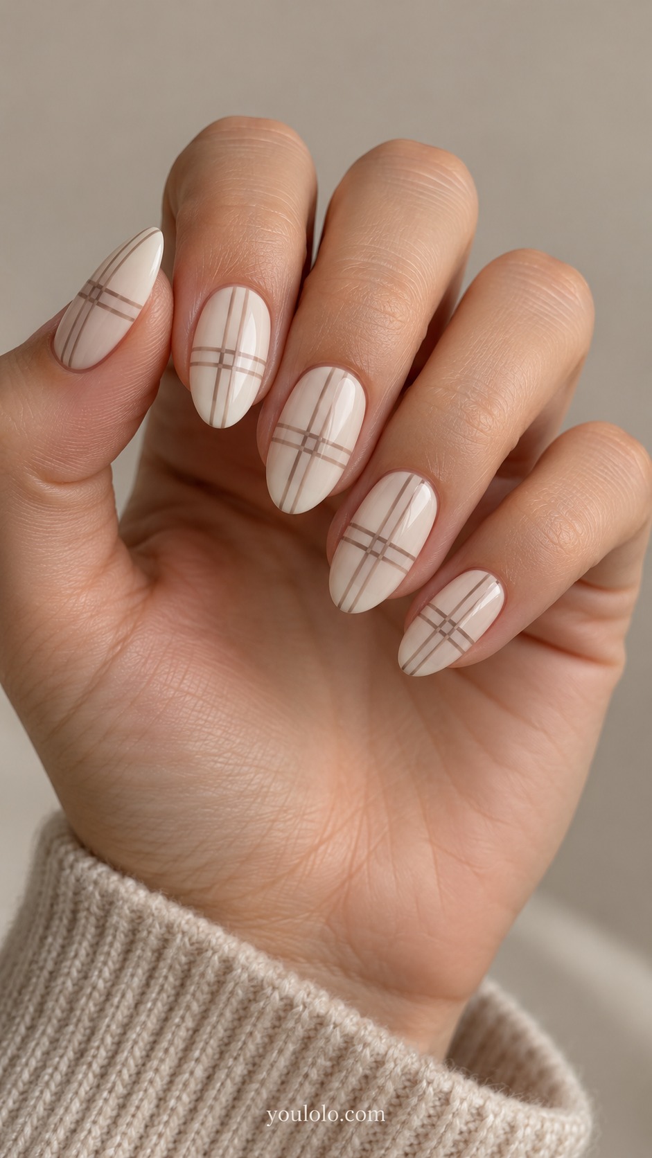 fall plaid nails — Cream Open-Grid Almonds