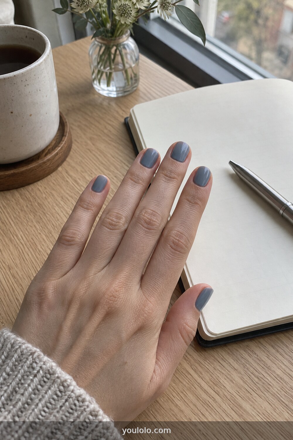 Dusty blue short oval nails for September