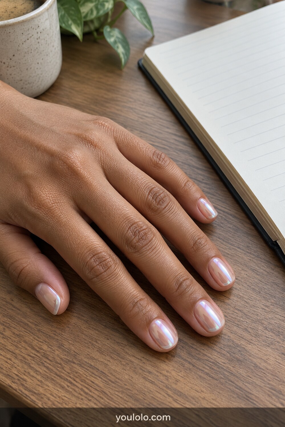 Sheer glass chrome on practical short round nails