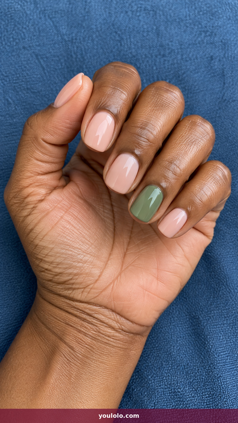 Peach Nails idea 7: Milky Peach Matcha Accent in a realistic fall manicure