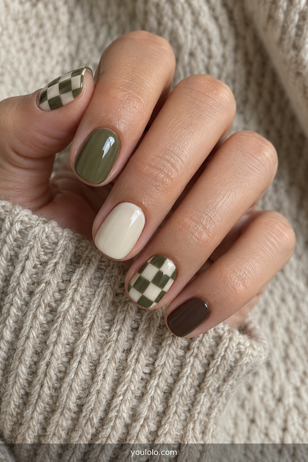 Olive cream and brown checkerboard manicure