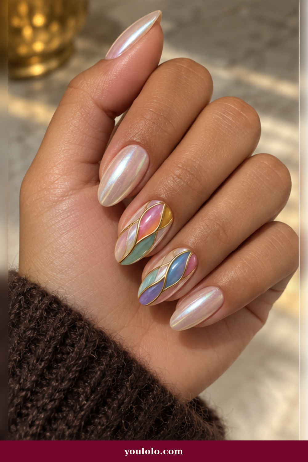 Pearl Stained-Glass Accents Rainbow Nails idea