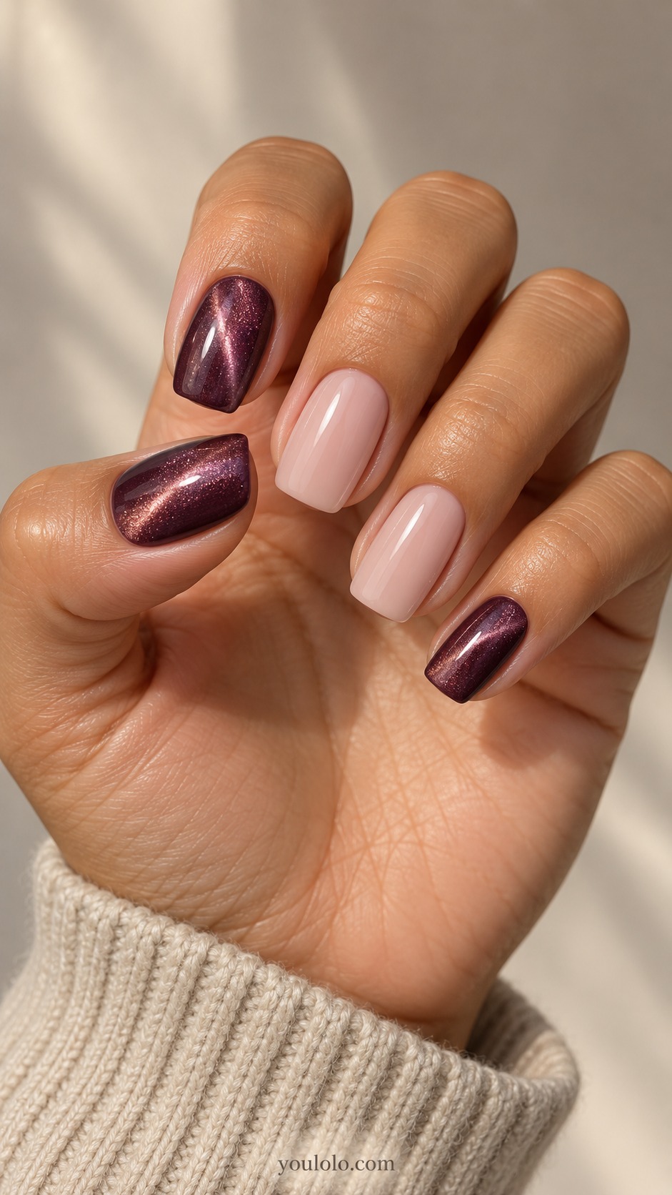 plum cat eye nails — Plum and Milk Alternating