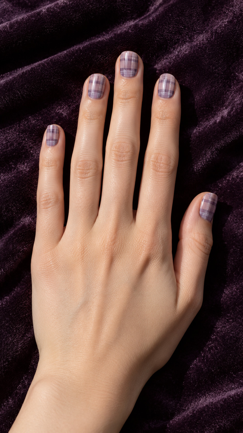 Plaid Nails idea 7: Smoky Lilac Weave manicure on a realistic feminine hand