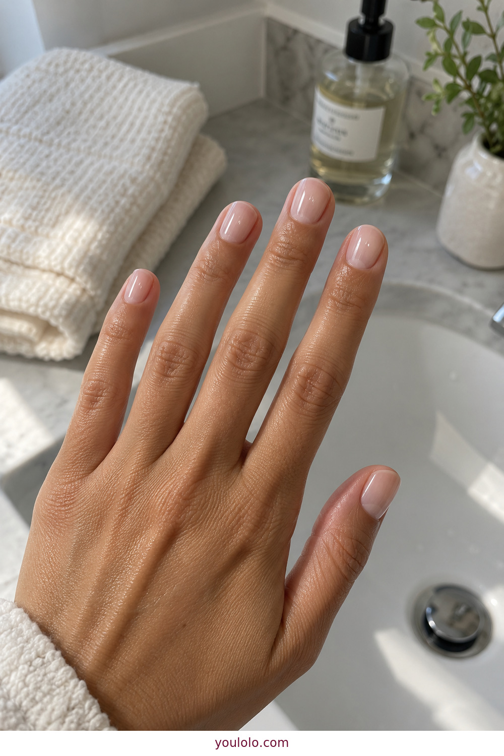 Short natural nails with a high gloss milky white finish