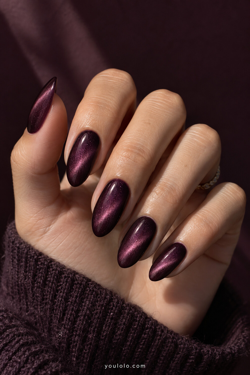 Plum velvet magnetic manicure with a diffused luminous center
