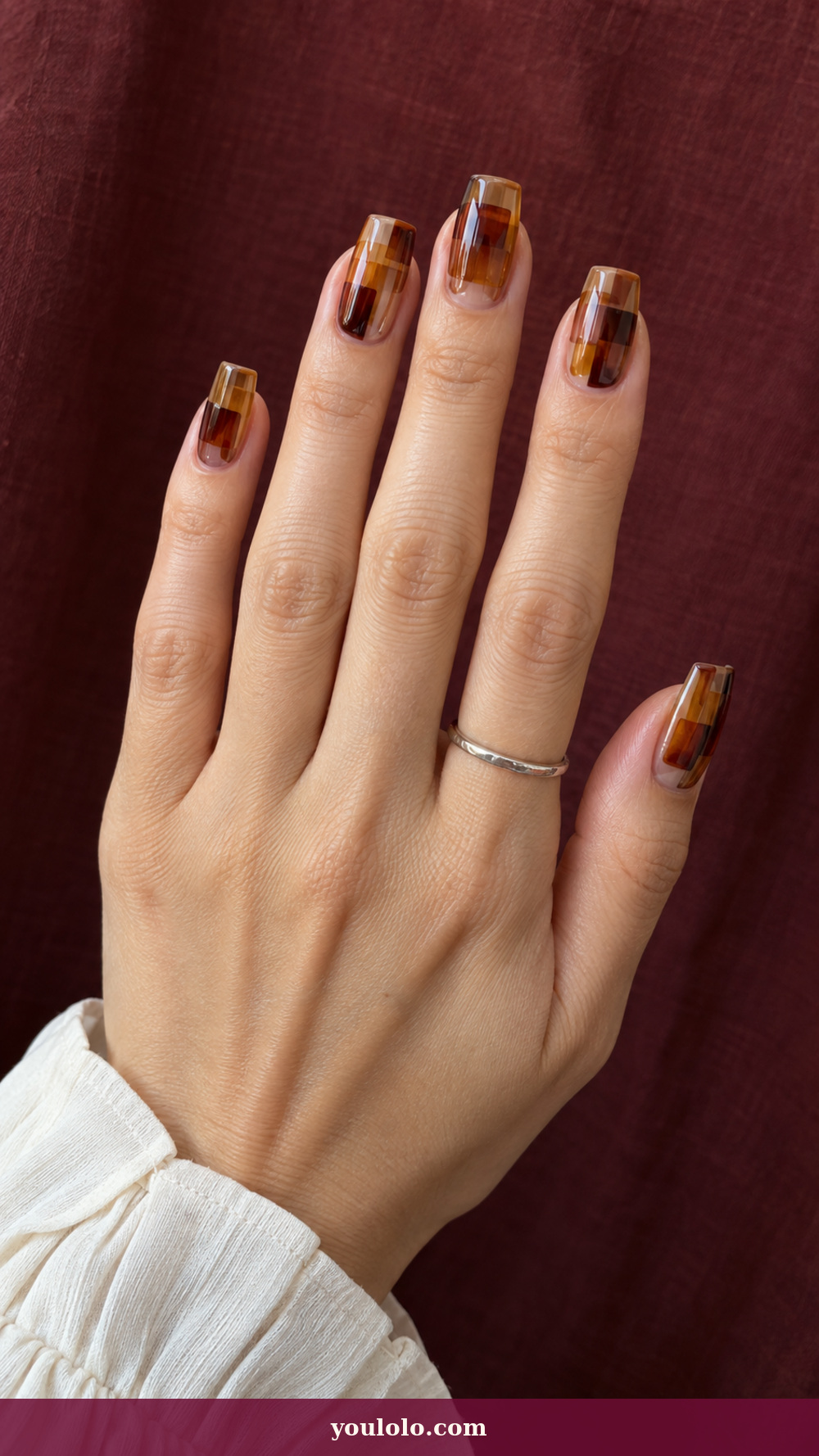 Long Square Nails idea 8: Amber Film Layers on a realistic feminine hand