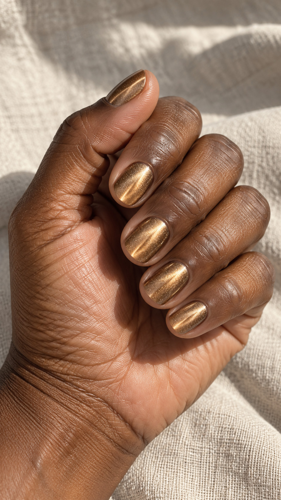 Velvet Nails idea 8: Antique Gold manicure on a realistic feminine hand
