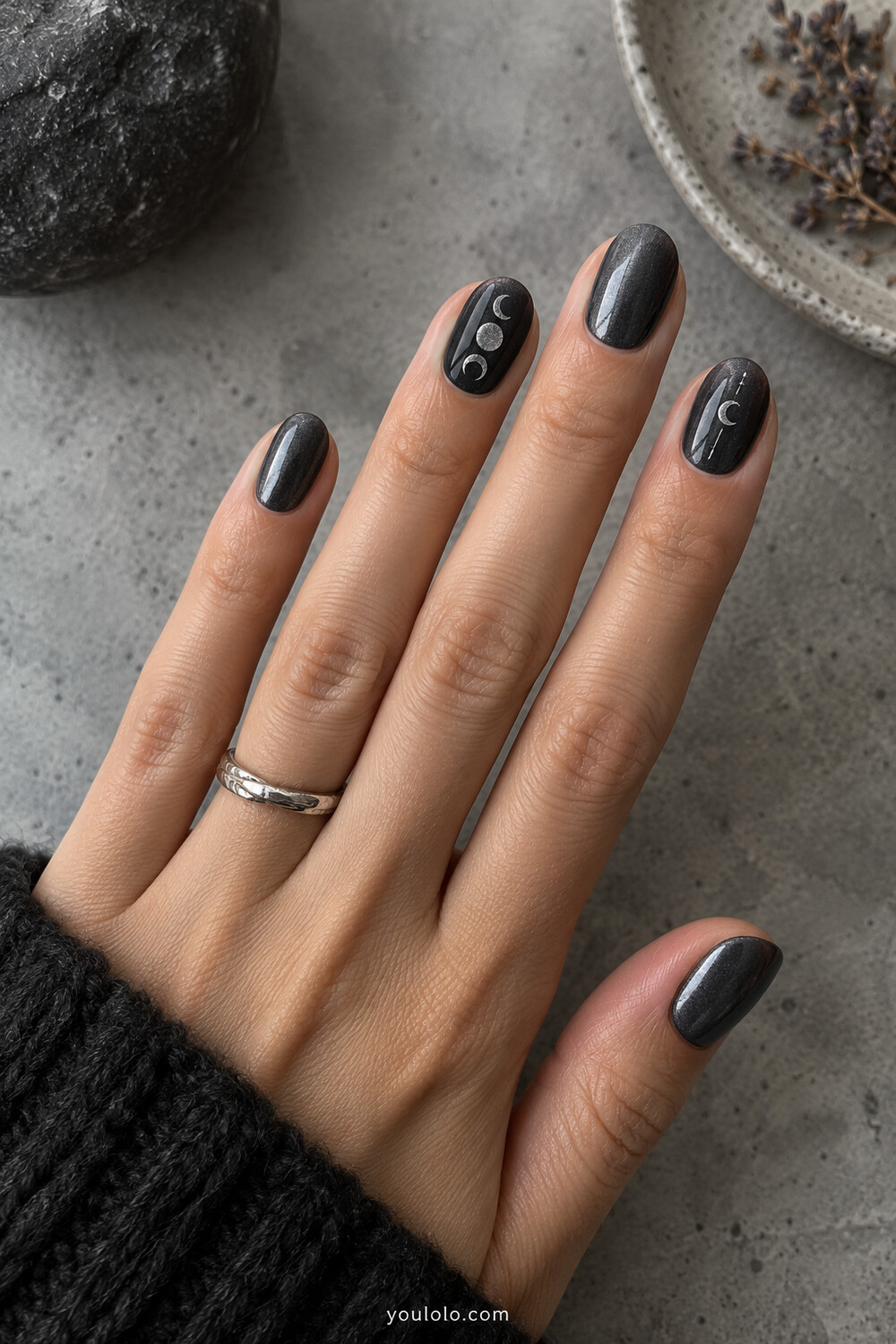 Graphite chrome short nails with delicate silver moon phase accents
