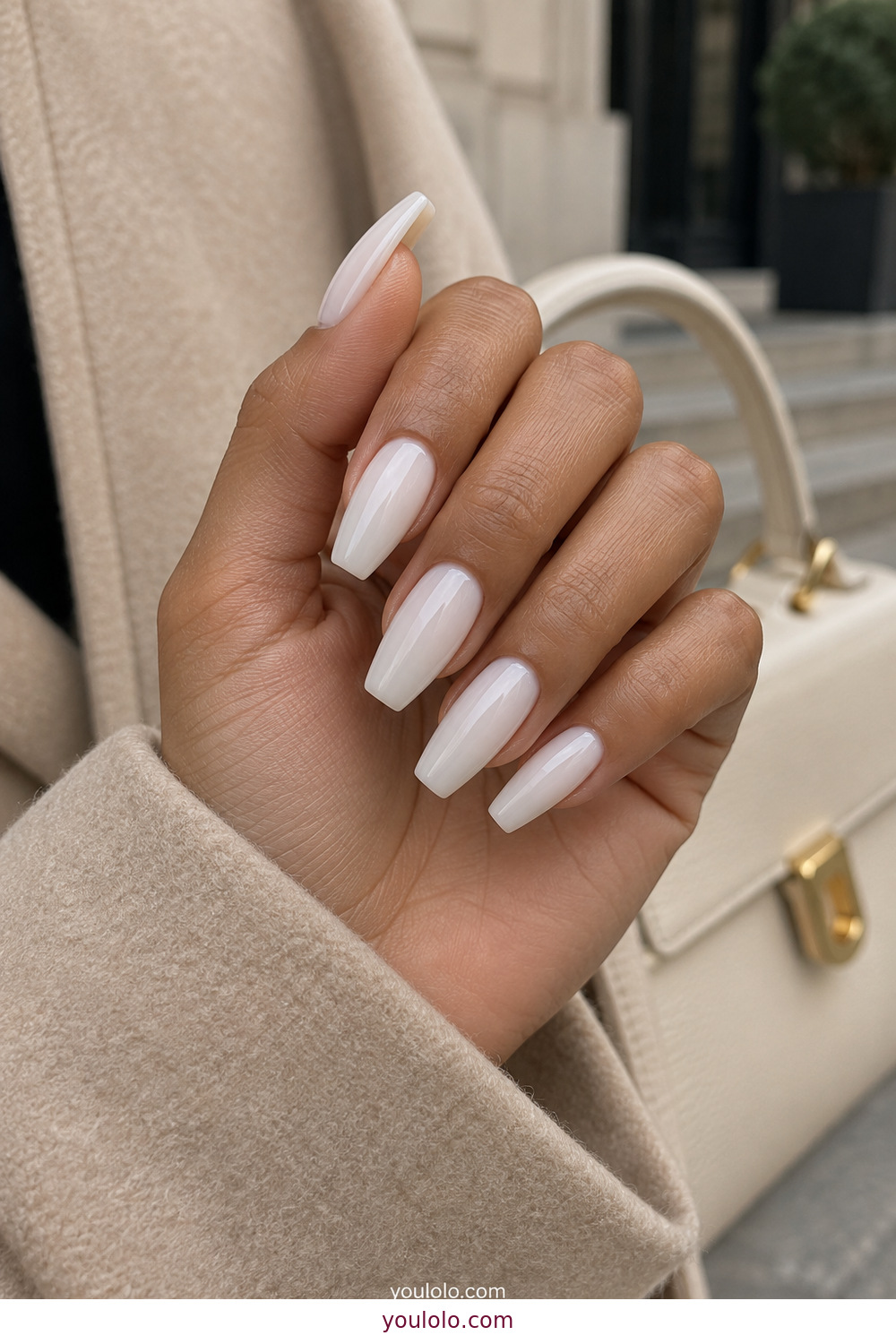 Coconut cream milky white manicure on tapered coffin nails