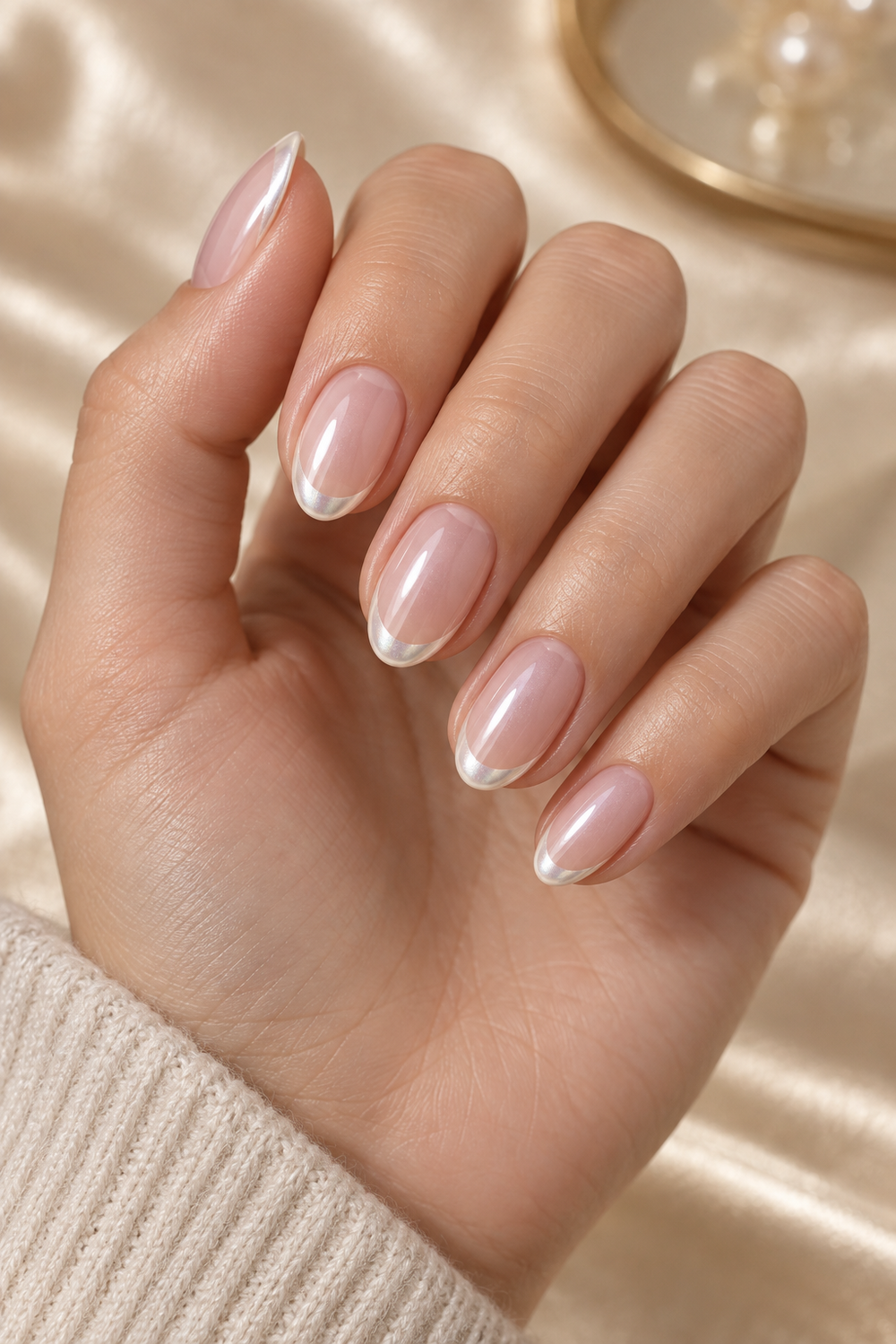 Glazed pearl French tips on short almond nails
