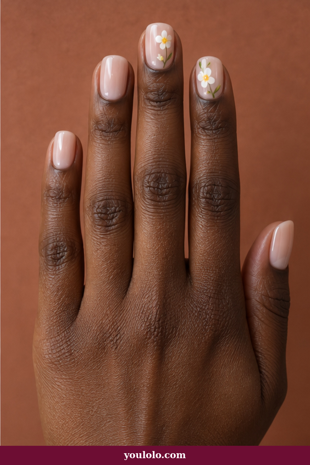 Lemon Nails idea 8: nude and lemon manicure with delicate blossom accents