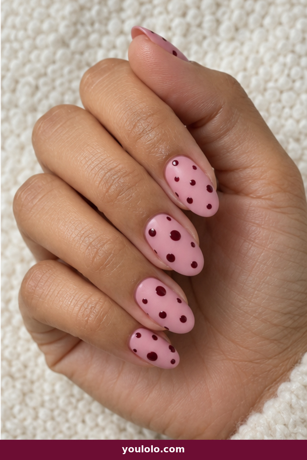 Pink Polka Dot Nails idea 8: Matte Pink and Glossy Wine Dots