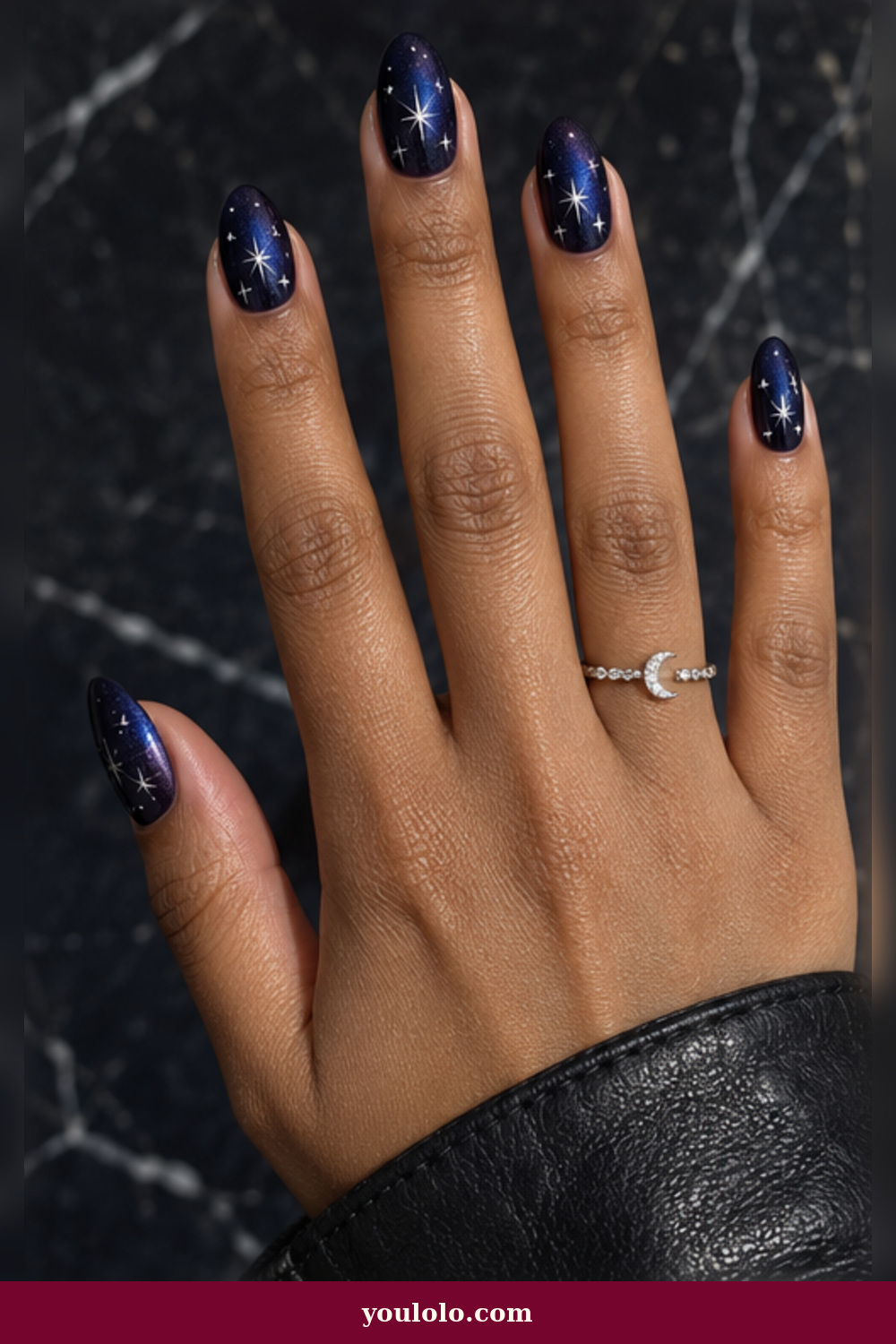 Emo Nails idea 8: midnight navy-black nails with fine silver celestial details