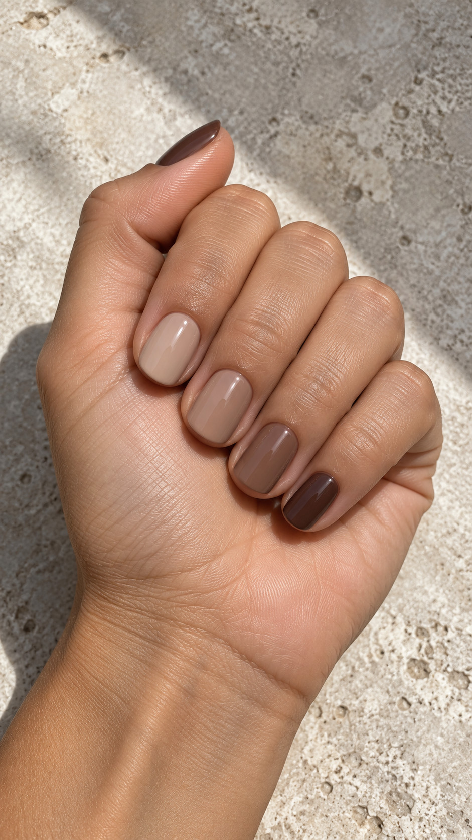Chocolate Brown Nails idea 8: Mocha Color Steps manicure on a realistic feminine hand