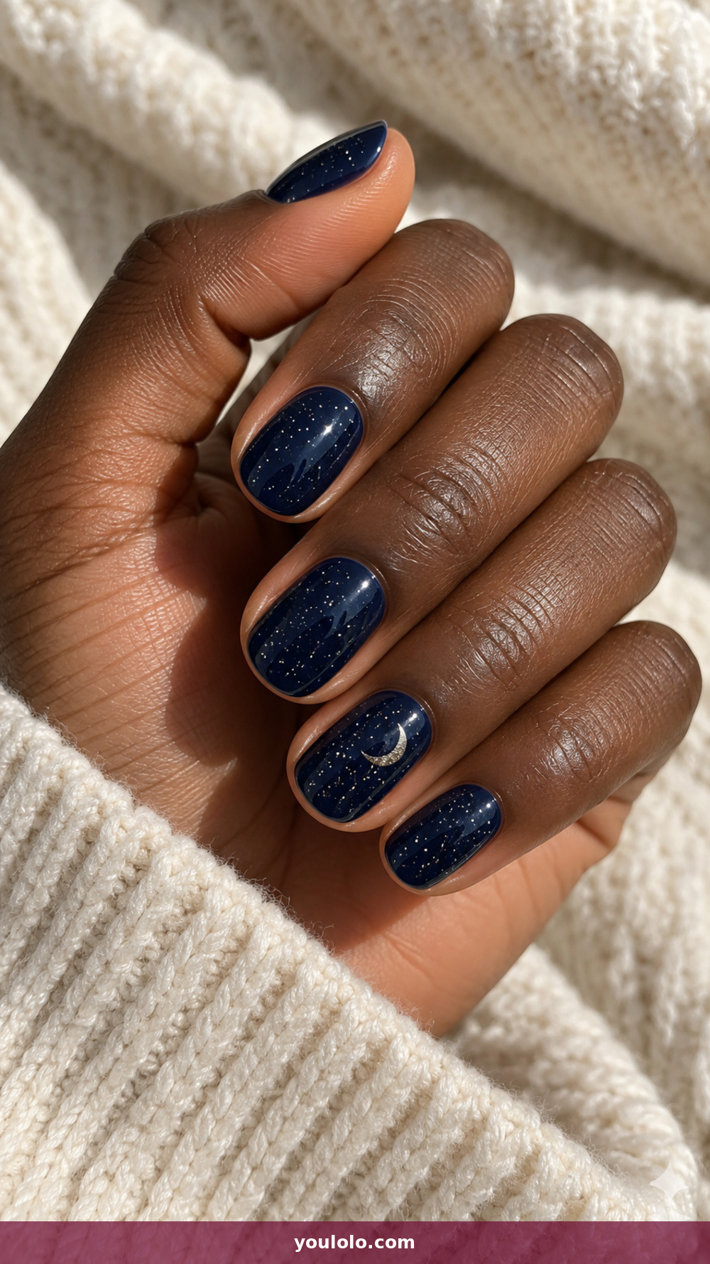 Sparkly Nails idea 8: Navy Galaxy Pinpoints in a realistic fall manicure