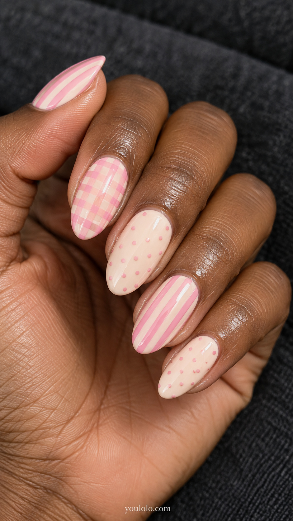 Pink gingham with matching dots manicure
