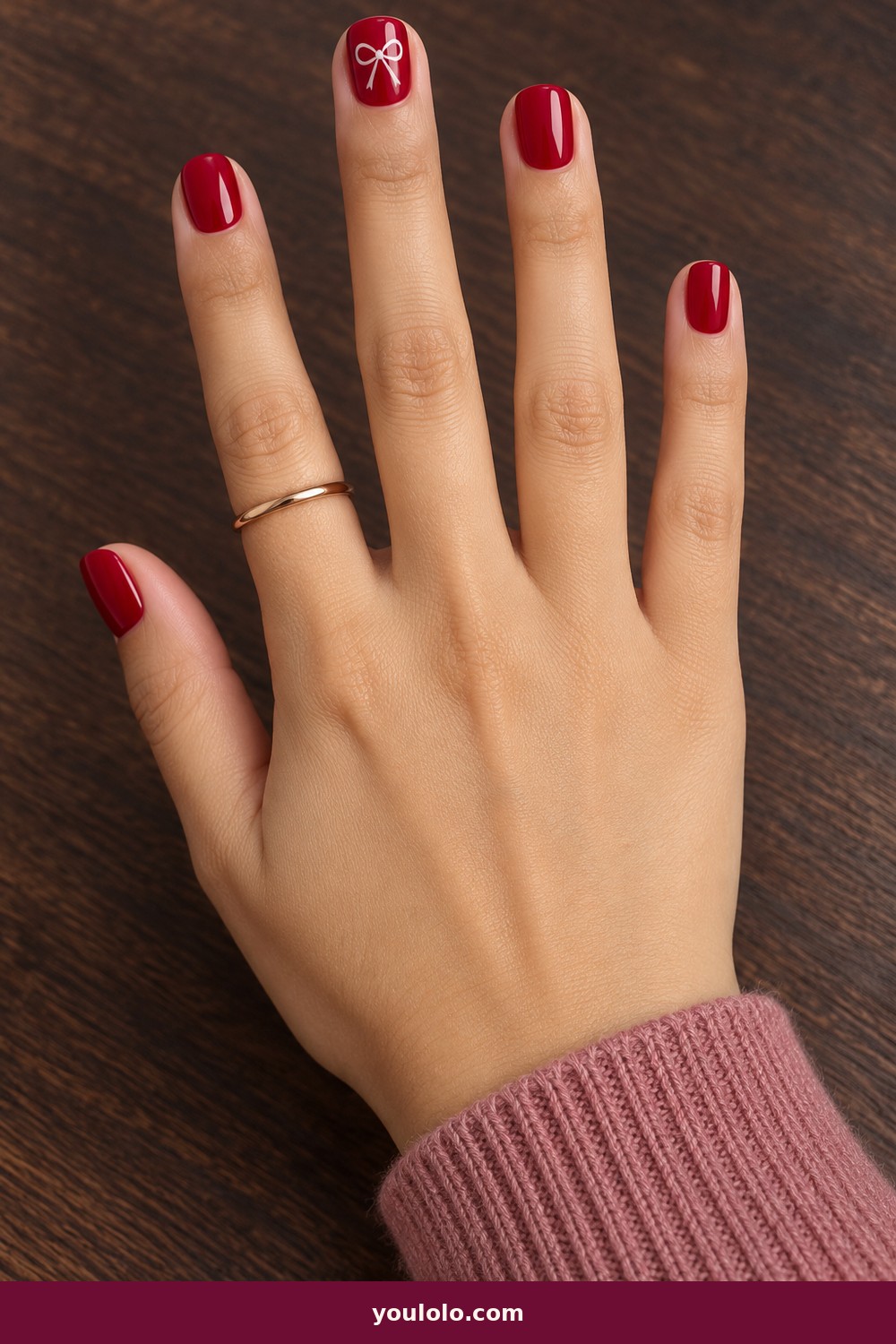 Tiny White Bows — Short Red Nails idea 8