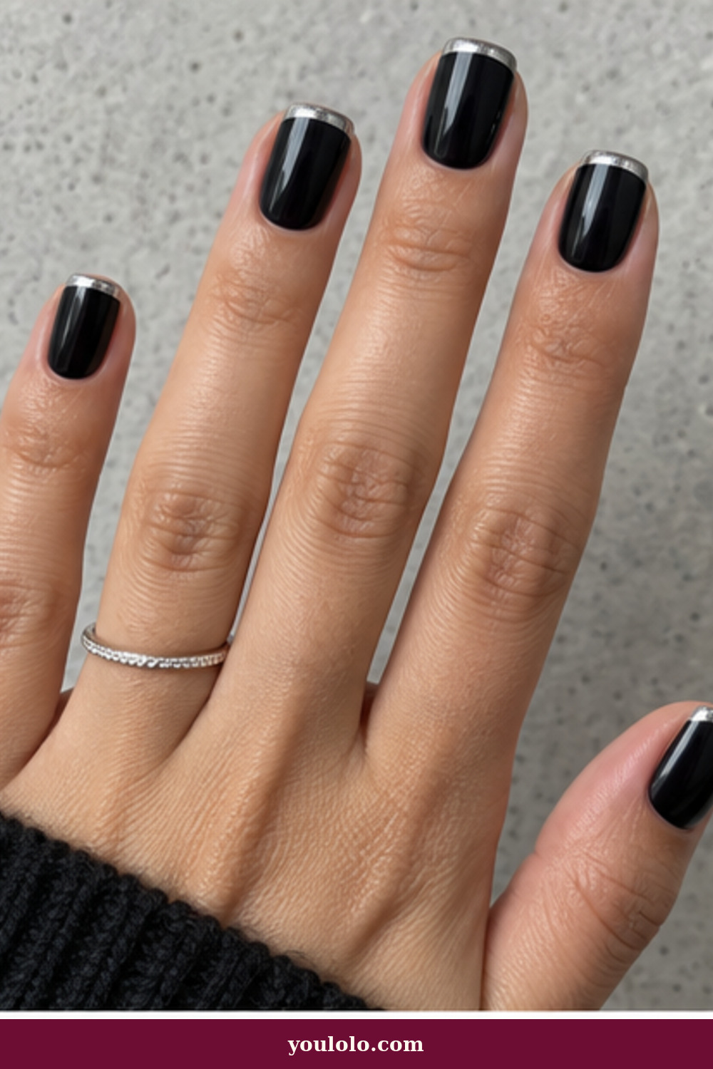 Squoval Nails idea 9: Black and Silver Micro French