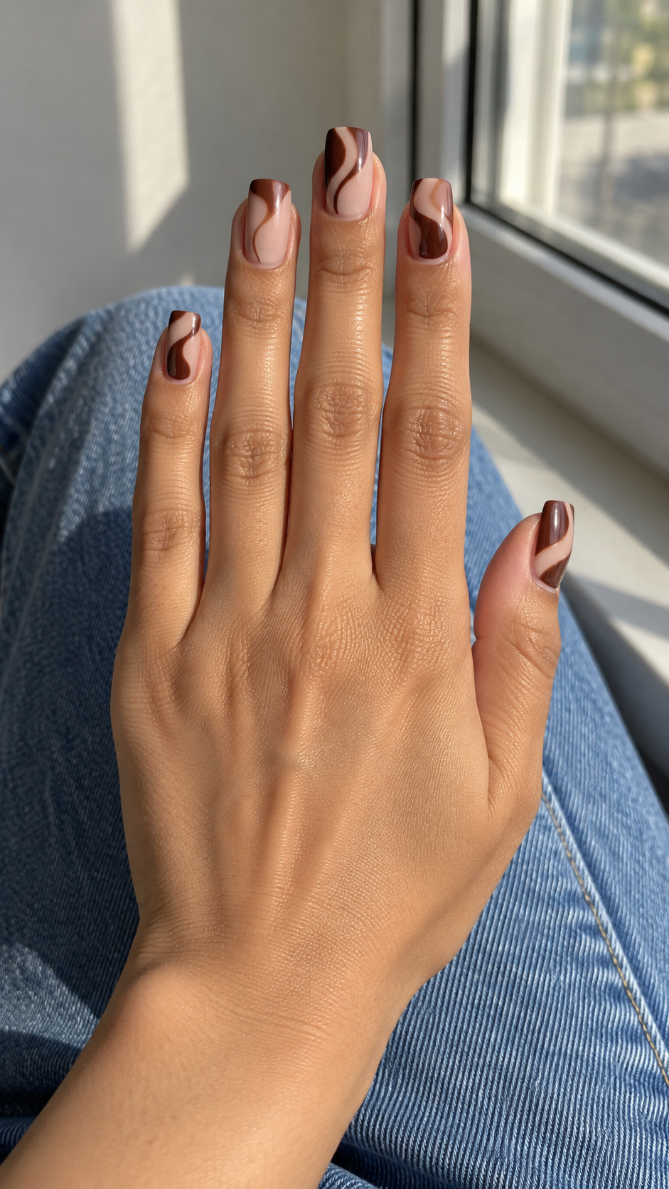 Chocolate Brown Nails idea 9: Brown Ribbon Lines manicure on a realistic feminine hand