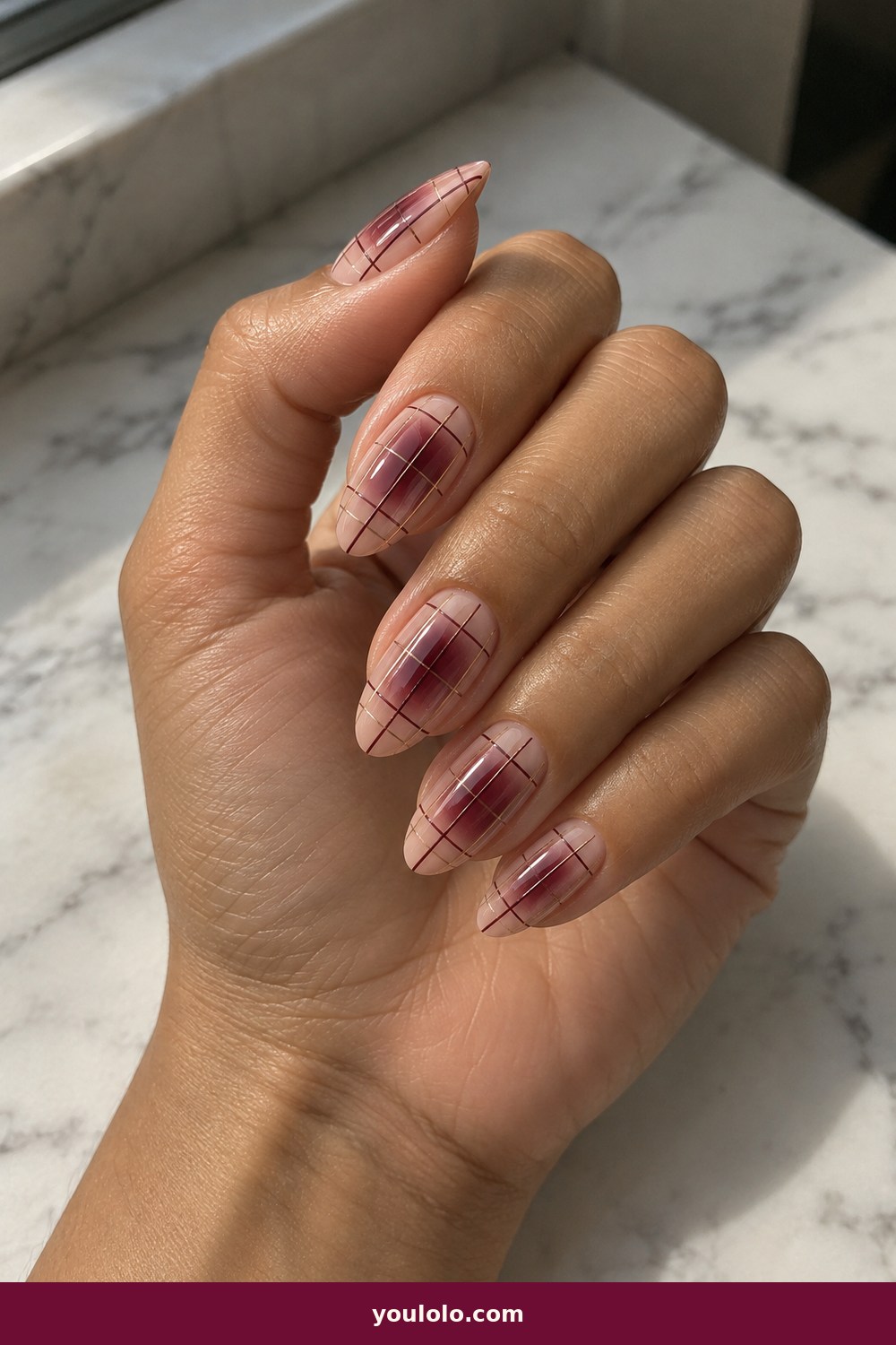 Burberry Nails idea 9: Burgundy Plaid Aura